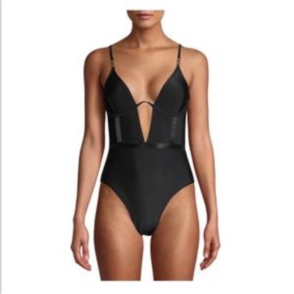 XOXO Black Ribbed Plunge One-Piece Swimsuit